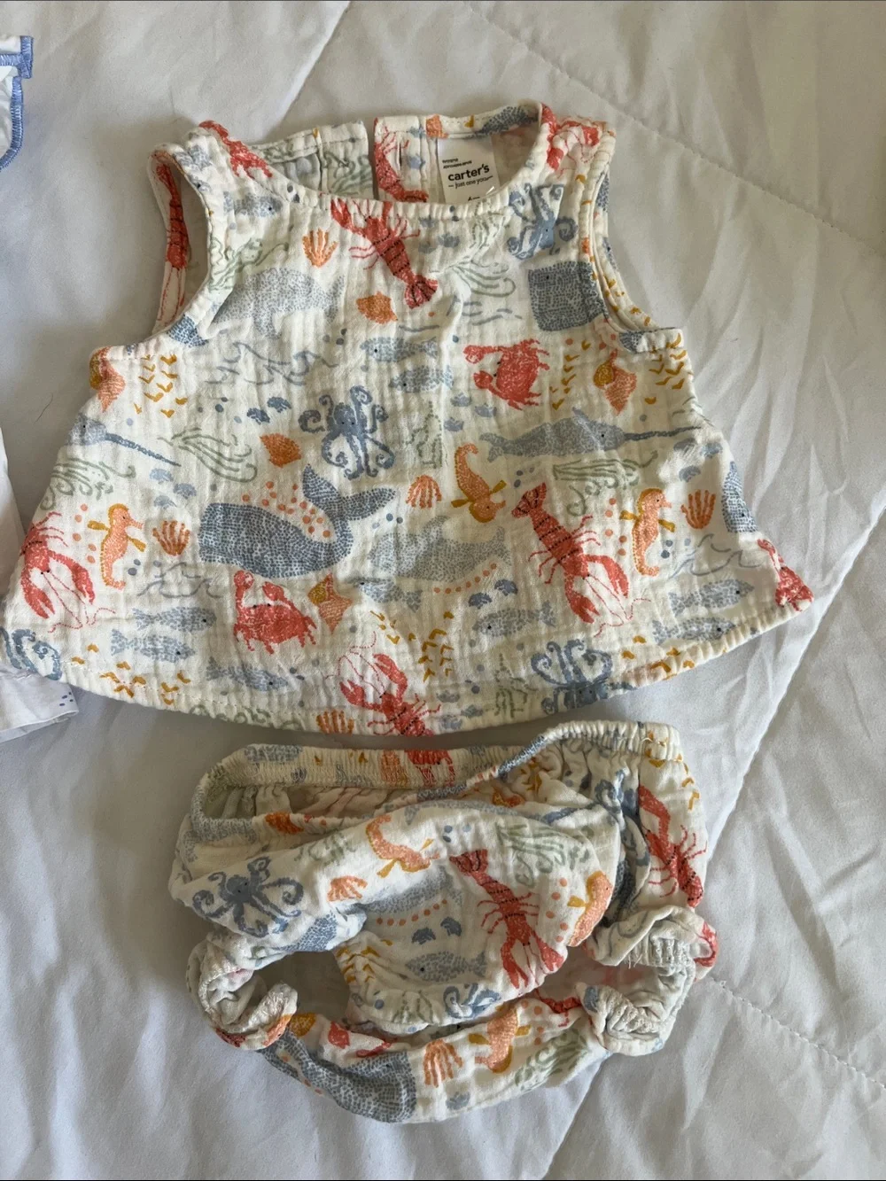 Carter's Baby Girls Two-Piece Sea Print Sets in White, Blue and Coral